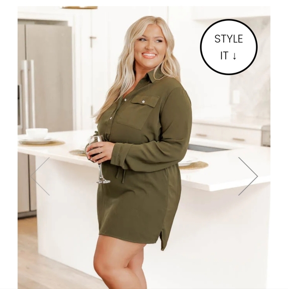 LEARN TO FLY OLIVE BUTTON FRONT SHIRT DRESS - Picture 2 of 5
